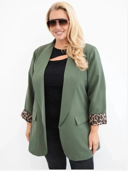 Dámske sako Plus Size s panterkovou podšívkou khaki