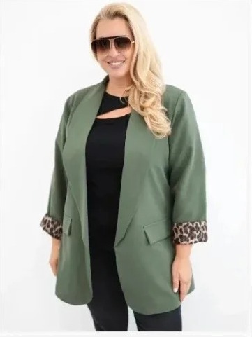 Dámske sako Plus Size s panterkovou podšívkou khaki