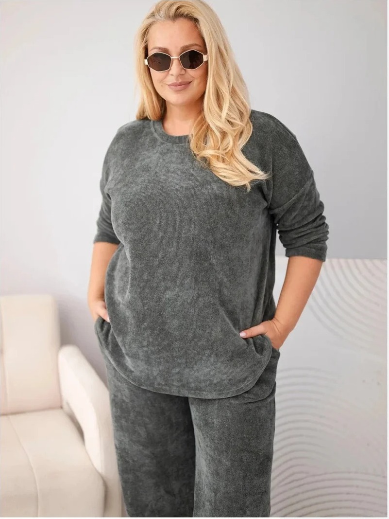 Dámsky komplet Plus Size z viskózy manšestrový so širokými nohavicami a mikinou khaki