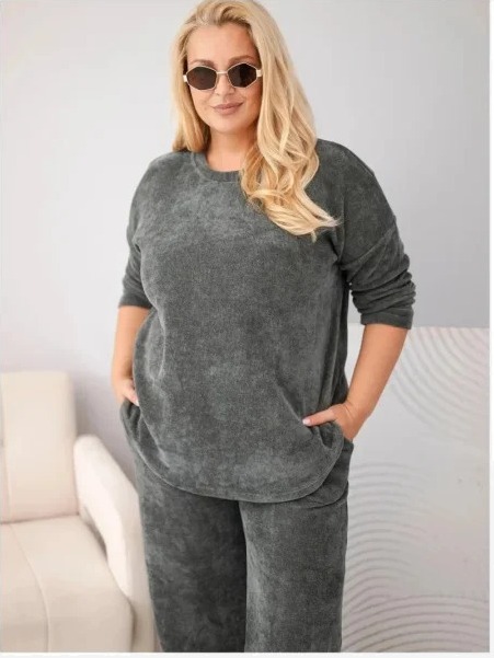 Dámsky komplet Plus Size z viskózy manšestrový so širokými nohavicami a mikinou khaki