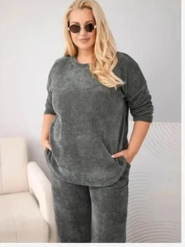 Dámsky komplet Plus Size z viskózy manšestrový so širokými nohavicami a mikinou khaki