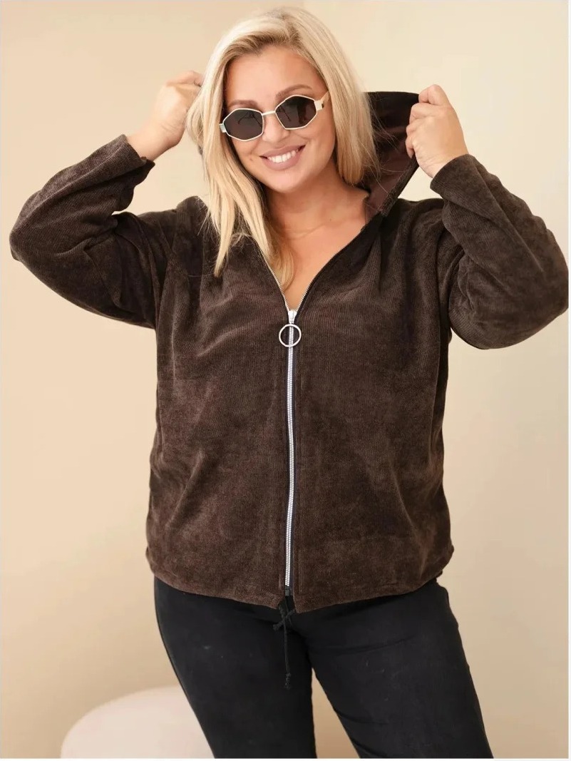 Dámska mikina Plus Size kordová s kapucňou a zipsom oversize hnedá