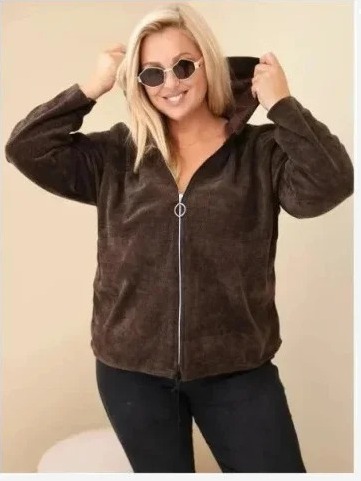 Dámska mikina Plus Size kordová s kapucňou a zipsom oversize hnedá