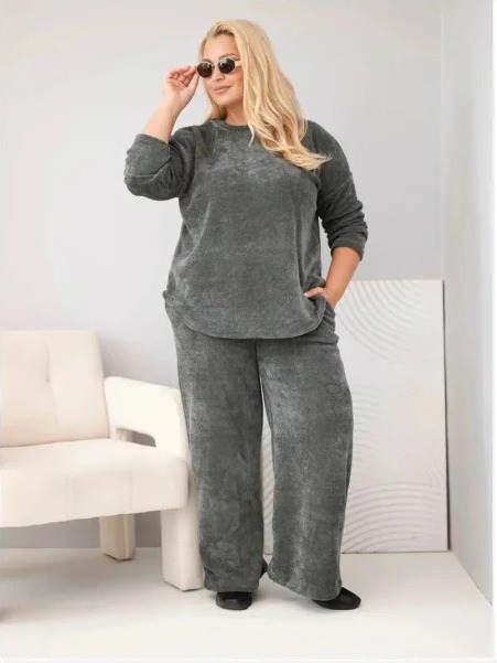 Dámsky komplet Plus Size z viskózy manšestrový so širokými nohavicami a mikinou khaki