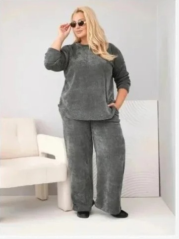 Dámsky komplet Plus Size z viskózy manšestrový so širokými nohavicami a mikinou khaki