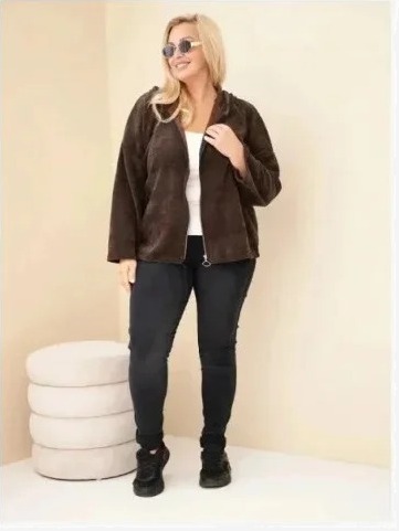 Dámska mikina Plus Size kordová s kapucňou a zipsom oversize hnedá
