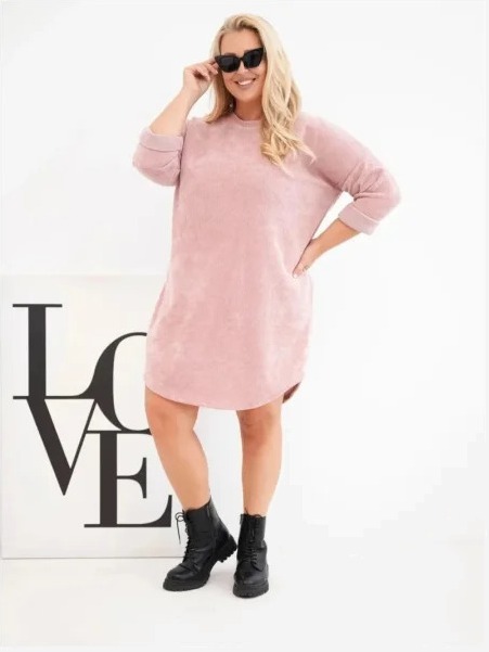 Dámske šaty Plus Size rifľové s voľným strihom tmavá pudrová ružová