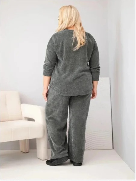 Dámsky komplet Plus Size z viskózy manšestrový so širokými nohavicami a mikinou khaki