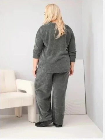 Dámsky komplet Plus Size z viskózy manšestrový so širokými nohavicami a mikinou khaki