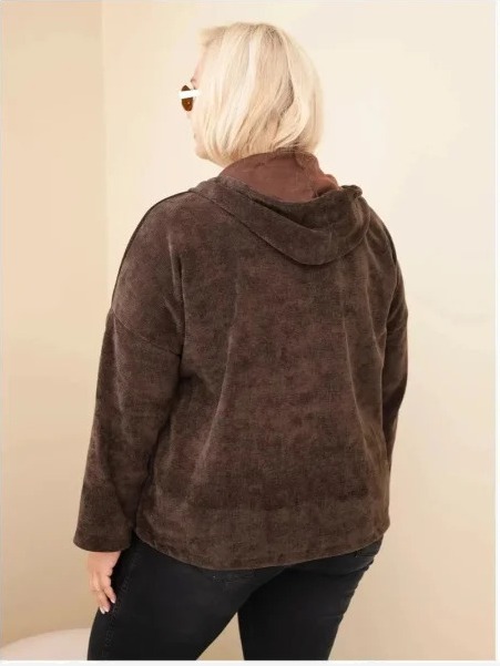 Dámska mikina Plus Size kordová s kapucňou a zipsom oversize hnedá