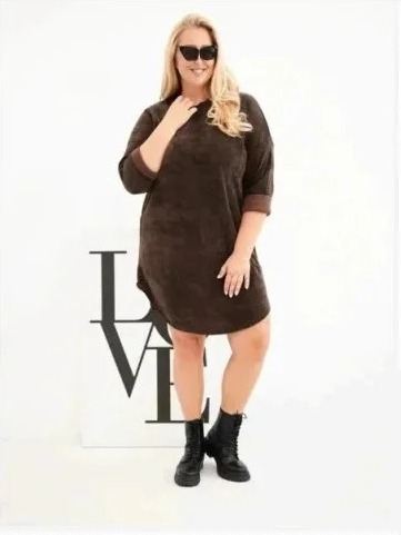 Dámske šaty Plus Size manžestrové s voľným strihom hnedá
