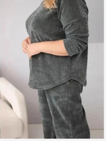 Dámsky komplet Plus Size z viskózy manšestrový so širokými nohavicami a mikinou khaki