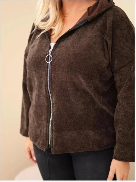 Dámska mikina Plus Size kordová s kapucňou a zipsom oversize hnedá