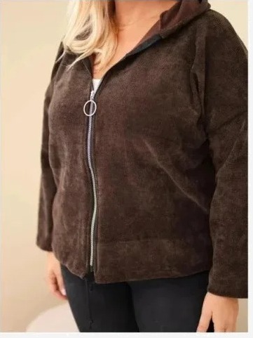 Dámska mikina Plus Size kordová s kapucňou a zipsom oversize hnedá