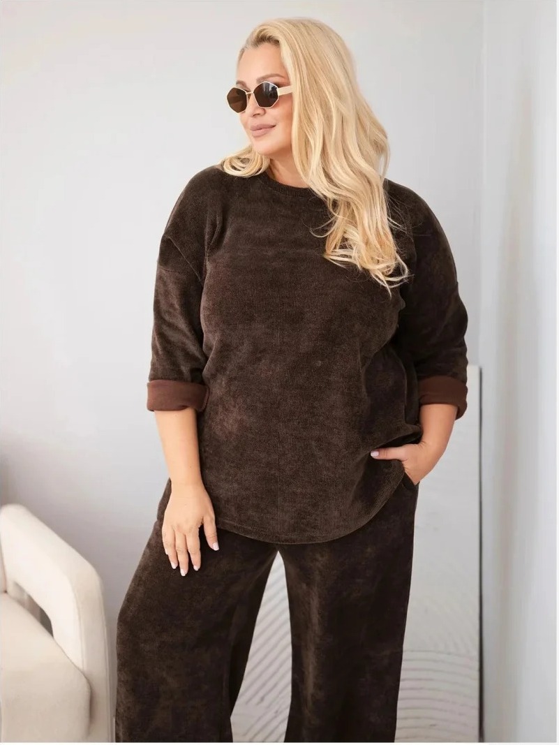 Dámsky komplet Plus Size z viskózy kordový so širokými nohavicami a mikinou hnedý