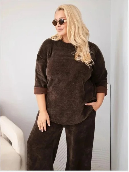 Dámsky komplet Plus Size z viskózy kordový so širokými nohavicami a mikinou hnedý