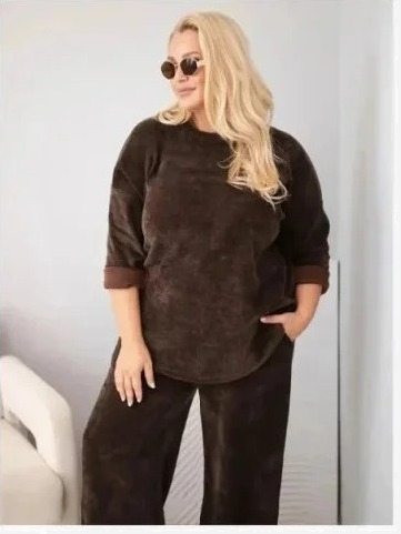 Dámsky komplet Plus Size z viskózy kordový so širokými nohavicami a mikinou hnedý