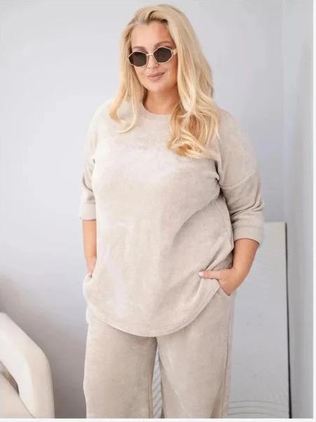 Dámska sada Plus Size z viskózy zamatová so širokými nohavicami a mikinou béžová