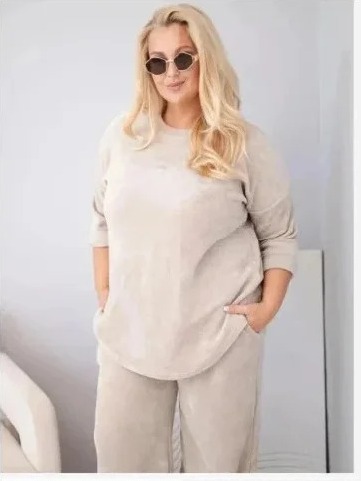 Dámska sada Plus Size z viskózy zamatová so širokými nohavicami a mikinou béžová