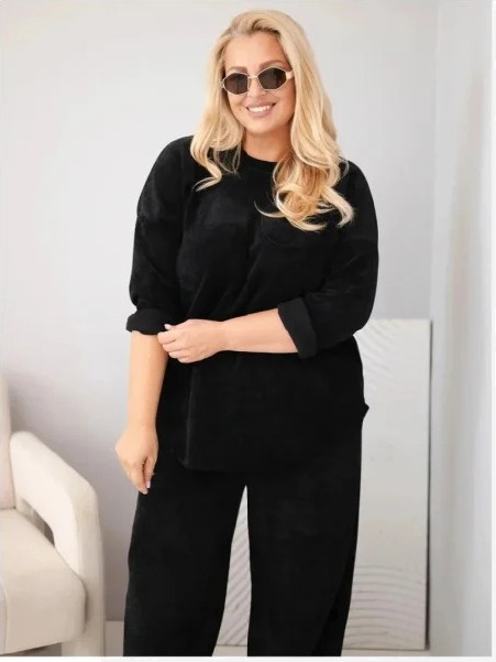 Dámsky komplet Plus Size z viskózy manšestrový so širokými nohavicami a mikinou čierny