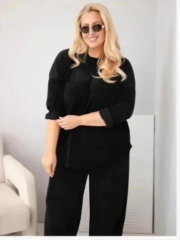 Dámsky komplet Plus Size z viskózy manšestrový so širokými nohavicami a mikinou čierny