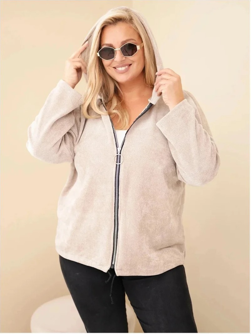 Dámska mikina Plus Size manšestrová s kapucňou a zipsom oversize béžová