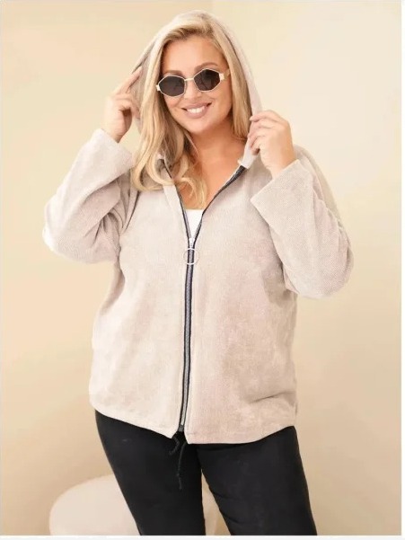 Dámska mikina Plus Size manšestrová s kapucňou a zipsom oversize béžová