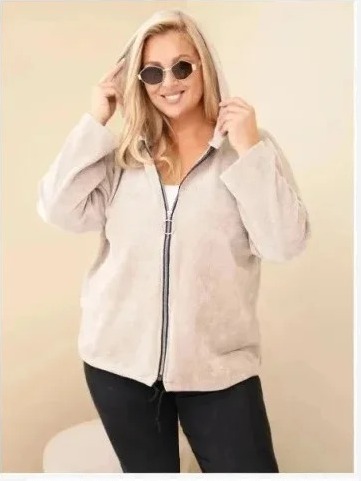 Dámska mikina Plus Size manšestrová s kapucňou a zipsom oversize béžová