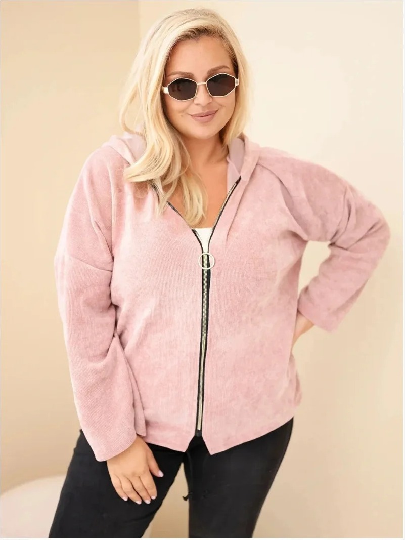 Dámska mikina Plus Size manšestrová s kapucňou a zipsom oversize tmavý pudrový ružový