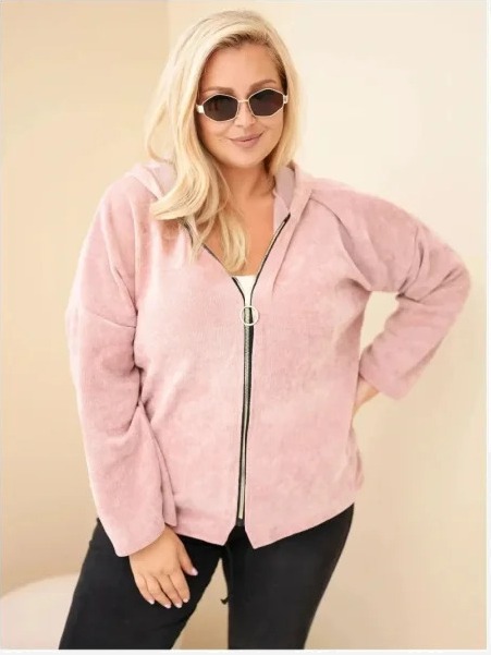Dámska mikina Plus Size manšestrová s kapucňou a zipsom oversize tmavý pudrový ružový
