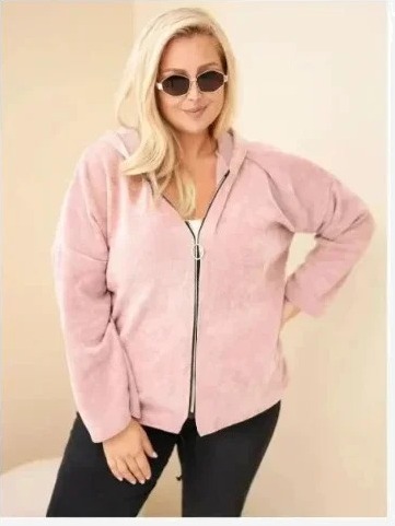 Dámska mikina Plus Size manšestrová s kapucňou a zipsom oversize tmavý pudrový ružový
