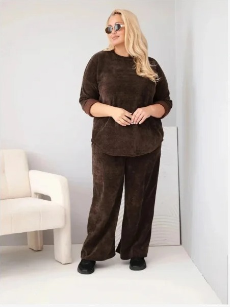 Dámsky komplet Plus Size z viskózy kordový so širokými nohavicami a mikinou hnedý