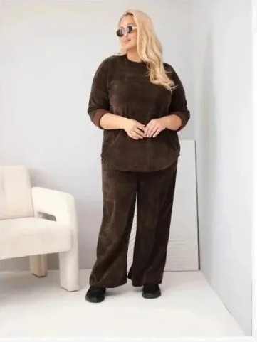 Dámsky komplet Plus Size z viskózy kordový so širokými nohavicami a mikinou hnedý