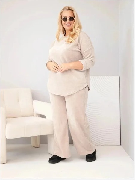 Dámska sada Plus Size z viskózy zamatová so širokými nohavicami a mikinou béžová