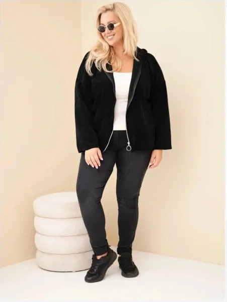 Dámska mikina Plus Size manžestrová s kapucňou a zipsom oversize čierna
