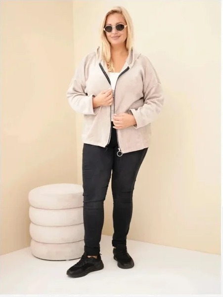 Dámska mikina Plus Size manšestrová s kapucňou a zipsom oversize béžová