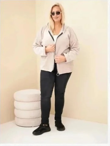 Dámska mikina Plus Size manšestrová s kapucňou a zipsom oversize béžová