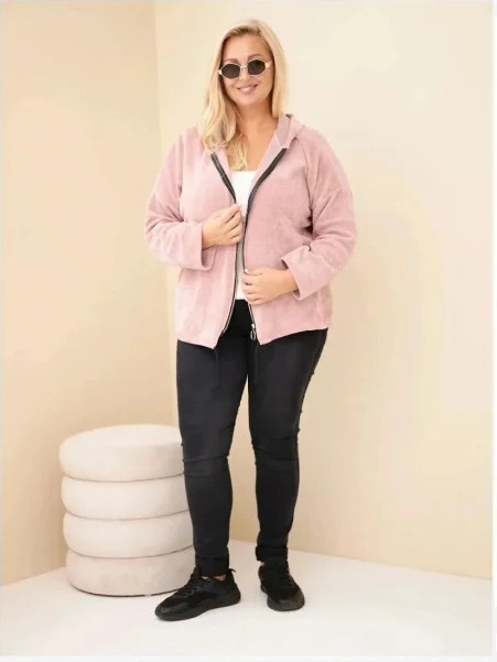 Dámska mikina Plus Size manšestrová s kapucňou a zipsom oversize tmavý pudrový ružový