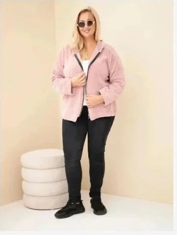 Dámska mikina Plus Size manšestrová s kapucňou a zipsom oversize tmavý pudrový ružový