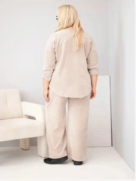 Dámska sada Plus Size z viskózy zamatová so širokými nohavicami a mikinou béžová