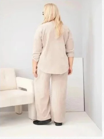 Dámska sada Plus Size z viskózy zamatová so širokými nohavicami a mikinou béžová