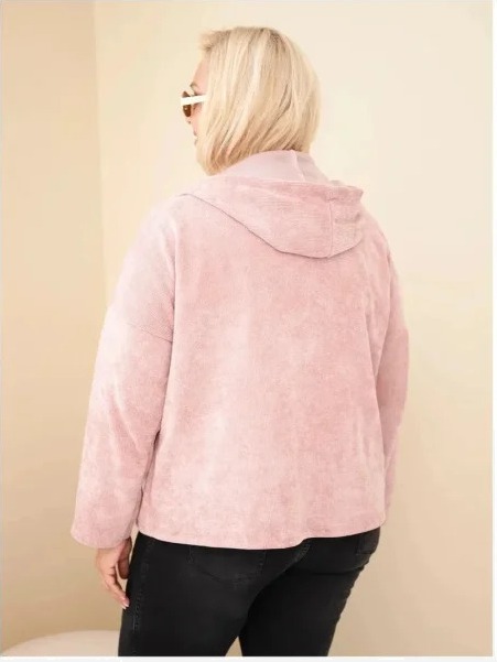 Dámska mikina Plus Size manšestrová s kapucňou a zipsom oversize tmavý pudrový ružový