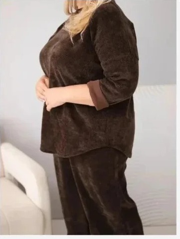Dámsky komplet Plus Size z viskózy kordový so širokými nohavicami a mikinou hnedý