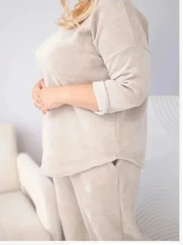 Dámska sada Plus Size z viskózy zamatová so širokými nohavicami a mikinou béžová