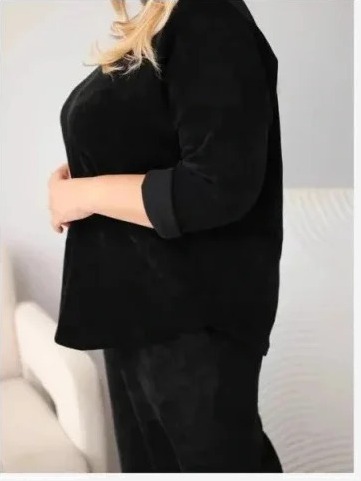 Dámsky komplet Plus Size z viskózy manšestrový so širokými nohavicami a mikinou čierny