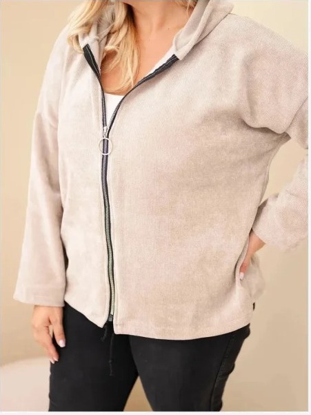 Dámska mikina Plus Size manšestrová s kapucňou a zipsom oversize béžová