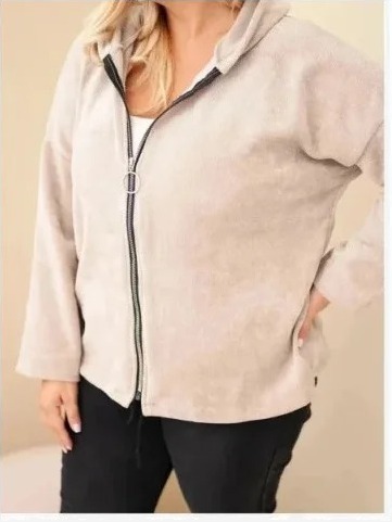 Dámska mikina Plus Size manšestrová s kapucňou a zipsom oversize béžová