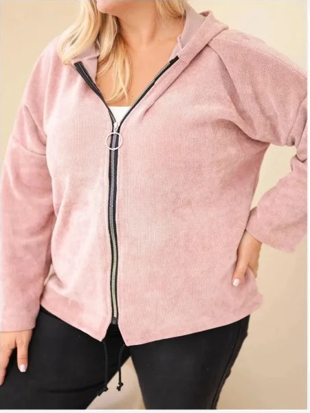 Dámska mikina Plus Size manšestrová s kapucňou a zipsom oversize tmavý pudrový ružový