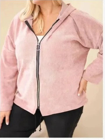 Dámska mikina Plus Size manšestrová s kapucňou a zipsom oversize tmavý pudrový ružový