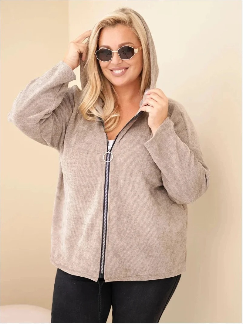 Dámska mikina Plus Size manšestrová s kapucňou a zipsom oversize fango zelená